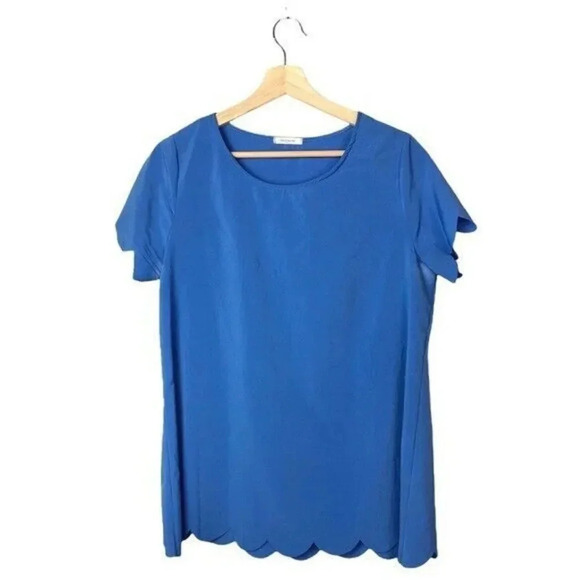 12 PM by Mon Ami Blue Scallop Hem Short Sleeve Blouse M - Picture 1 of 4
